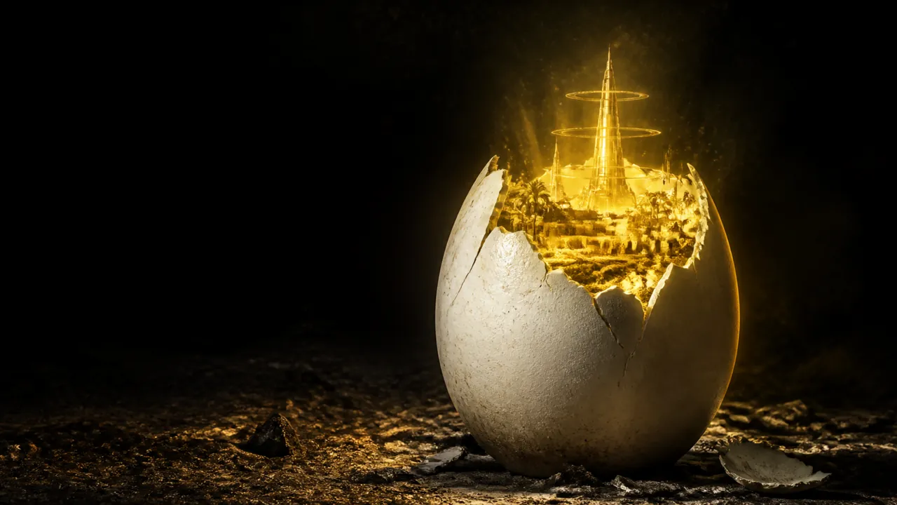 بيضة بيضاء متشققة على أرض مظلمة، ومن داخلها يطلع ضوء ذهبي وعالم مصغّر: برج بحلقات، ونخيل، وقرية